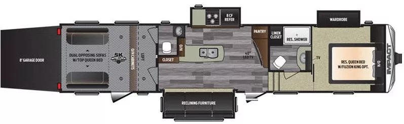 39' 2018 Keystone Impact 361 w/3 Slides & Generator  - Toy Hauler - Bunk House Floorplan