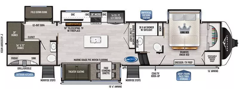 41' 2022 East To West Ahara 378BHOK w/4 Slides - Bunk House Floorplan