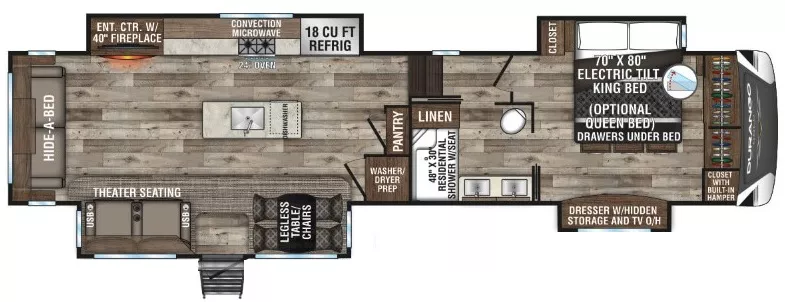 41' 2021 K-Z Durango Gold 383RLQ w/4 Slides Floorplan