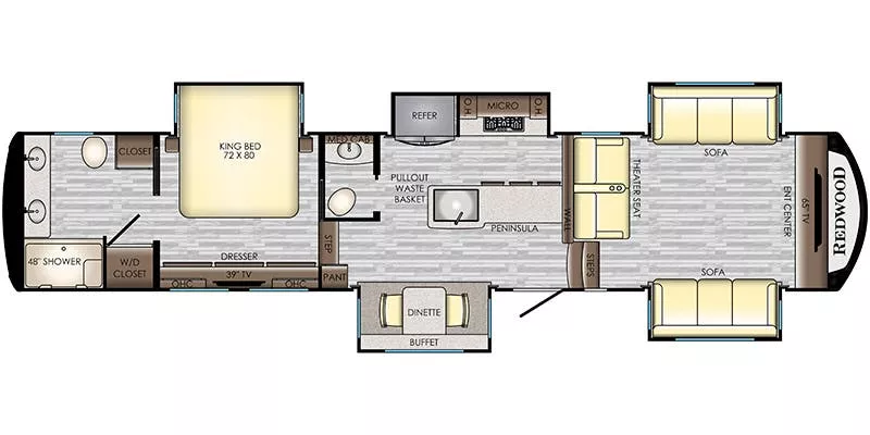 43' 2019 Thor Redwood 3951WB w/5 Slides Floorplan