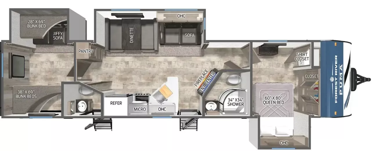 38' 2022 Forest River Palomino Puma 32BHQS w/3 Slides - Bunk House Floorplan