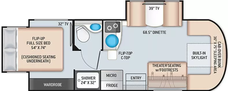 25' 2022 Thor Tiburon 24RW w/2 Slides Floorplan