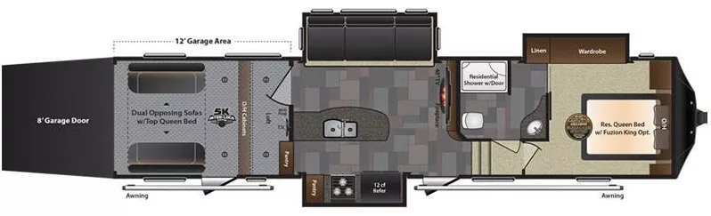 38' 2016 Keystone Fuzion 345 w/3 Slides & Generator  - Toy Hauler Floorplan