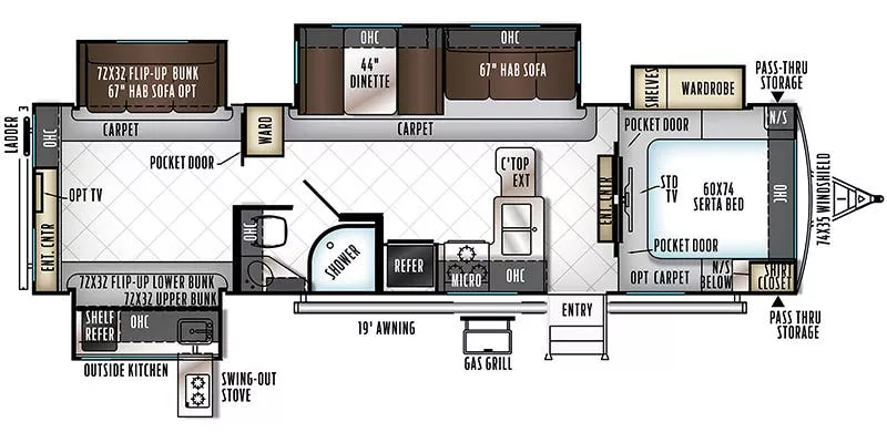 35' 2018 Forest River Flagstaff Classic 832BHDS w/4 Slides - Bunk House Floorplan