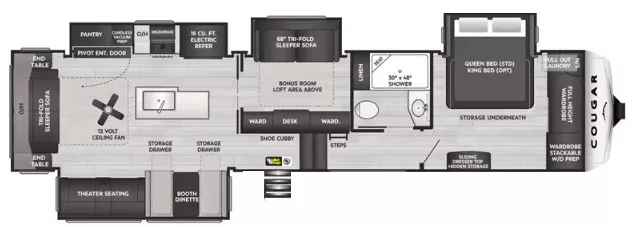 39' 2025 Keystone Cougar Midnight Edition 360MBI w/4 Slides Floorplan