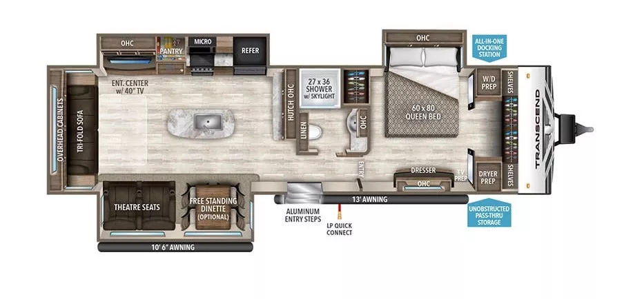 37' 2019 Grand Design Transcend 31RLS w/3 Slides Floorplan