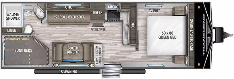 29' 2021 Grand Design Transcend 247BH - Bunk House Floorplan