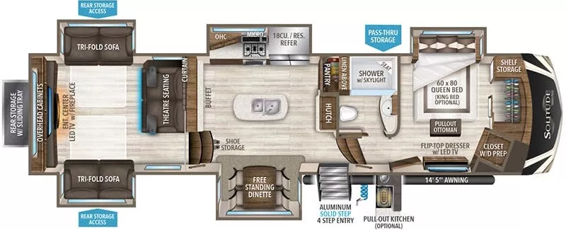 43' 2019 Grand Design Solitude 375RES w/5 Slides Floorplan