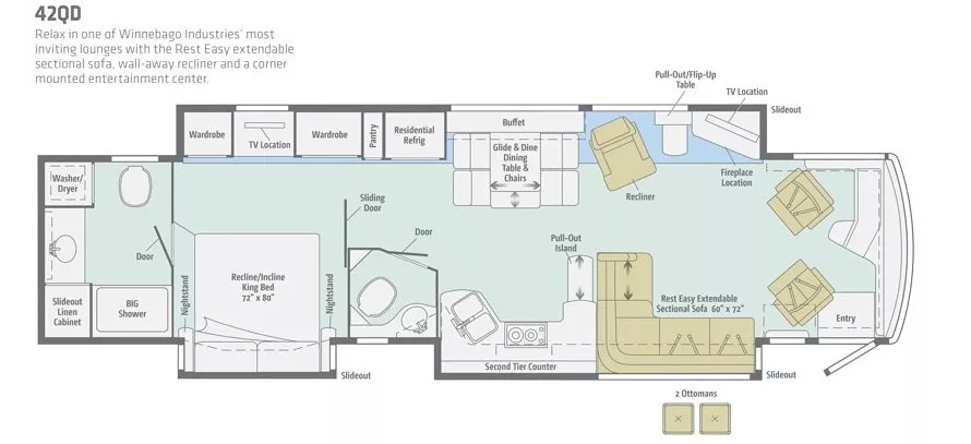 43' 2016 Winnebago Tour 42QD 450hp Cummins w/3 Slides Floorplan