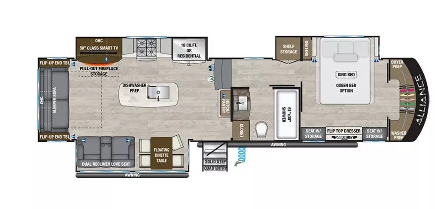 38' 2021 Alliance RV Paradigm 340RL w/3 Slides Floorplan