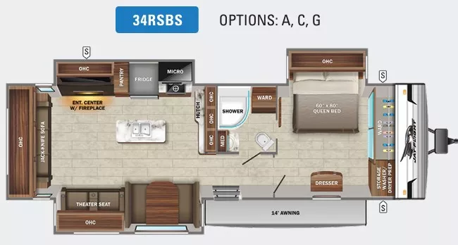 37' 2022 Jayco Jay Flight 34RSBS w/3 Slides Floorplan