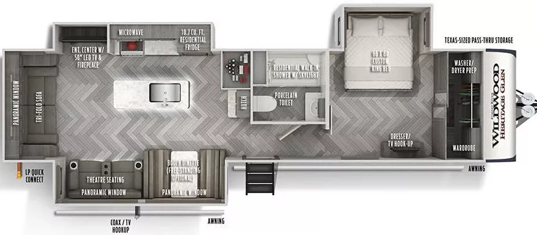 39' 2021 Forest River Heritage Glen 308RL w/3 Slides Floorplan