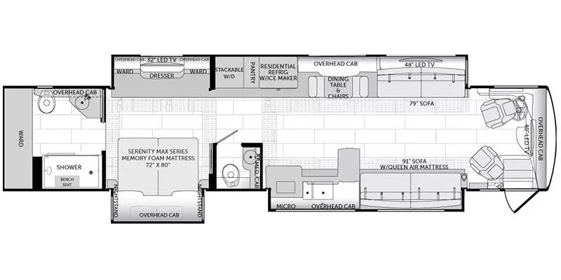 45' 2018 American Coach American Eagle 45A 600hp Cummins w/3 Slides Floorplan