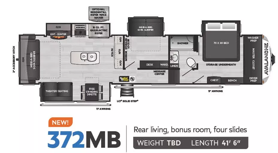 41' 2022 Keystone Avalanche 372MB w/4 Slides - Bunk House Floorplan