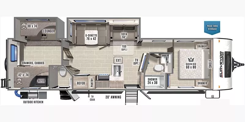 37' 2021 Forest River Surveyor Legend 320BHLE w/2 Slides Floorplan