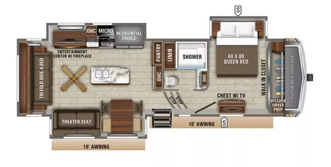 39' 2020 Jayco North Point 315RLTS w/3 Slides Floorplan