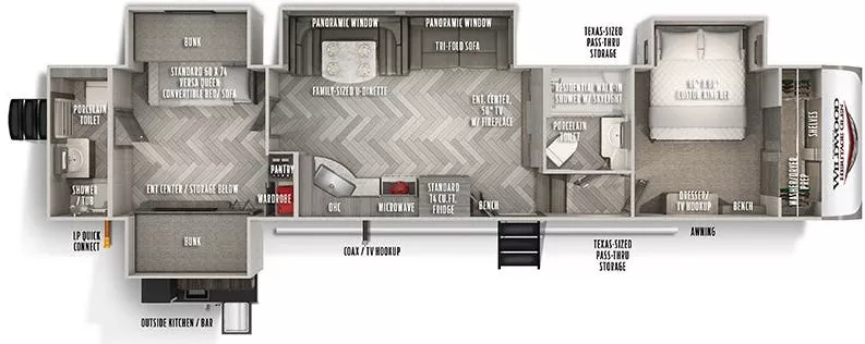 43' 2021 Forest River Wildwood Heritage Glen 356QB w/4 Slides - Bunk House Floorplan