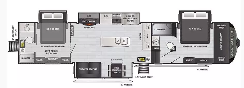 43' 2022 Keystone Avalanche 390DS w/4 Slides Floorplan