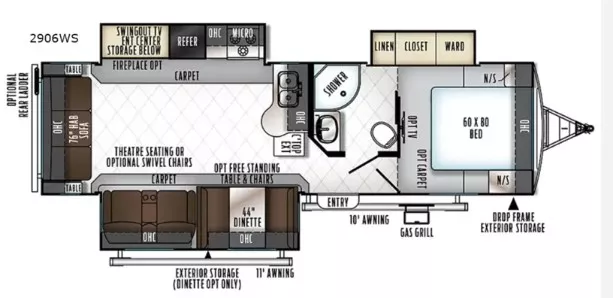 33' 2018 Forest River Rockwood 2906WS w/3 Slides Floorplan