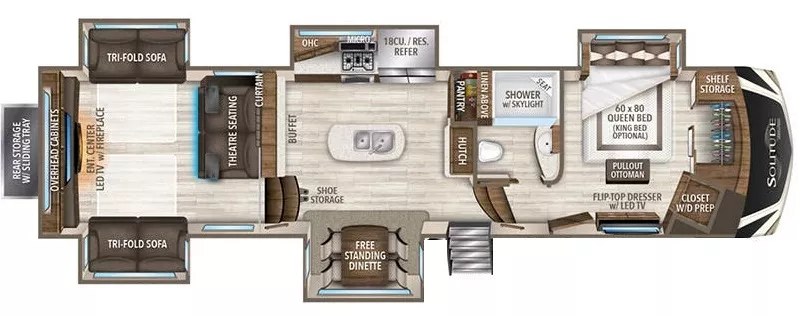 42' 2019 Grand Design Solitude 375RES w/5 Slides Floorplan