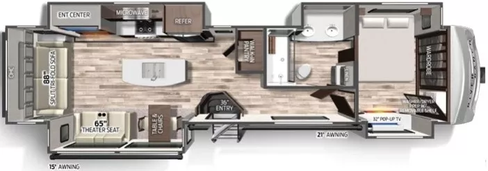 44' 2021 Forest River Palomino River Ranch 390RL w/4 Slides Floorplan