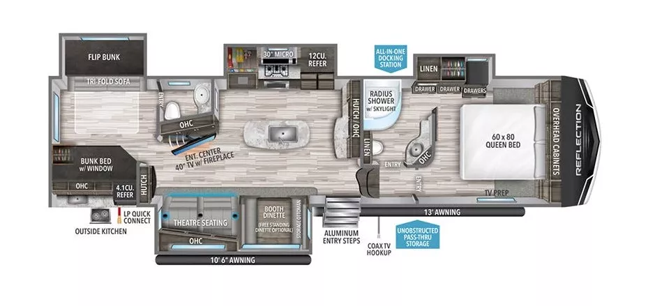 37' 2022 Grand Design Reflection 311BHS w/4 Slides Floorplan