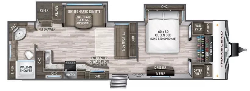 35' 2021 Grand Design Transcend 30RBS w/2 Slides Floorplan