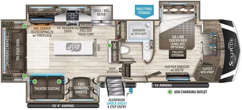 37' 2022 Grand Design Solitude 310GKR w/3 Slides Floorplan