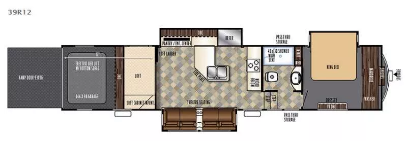 42' 2016 Forest River Vengence 39R12 w/3 Slides & Generator  - Toy Hauler - Bunk House Floorplan