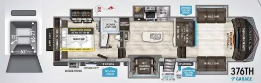 41' 2019 Grand Design Momentum 376TH w/5 Slides & Generator  - Toy Hauler Floorplan