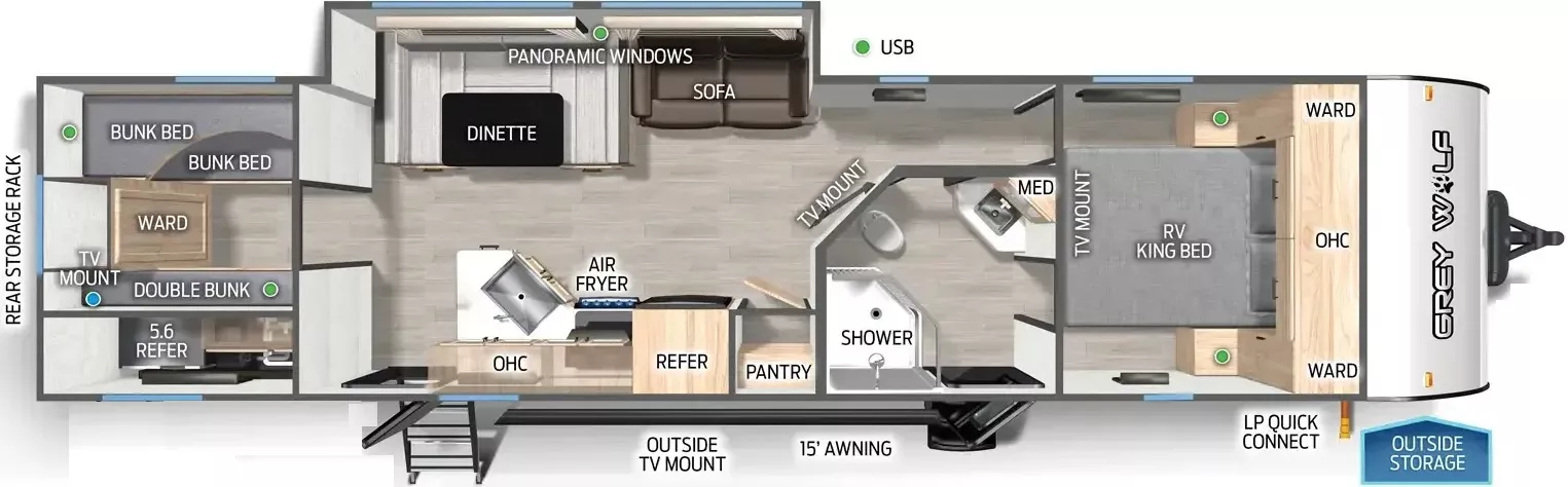36' 2023 Forest River Cherokee Grey Wolf 29TE w/Slide - Bunk House Floorplan