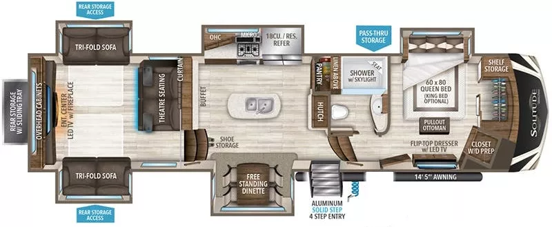 41' 2021 Grand Design Solitude 375RES w/5 Slides Floorplan
