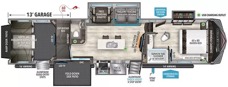 43' 2022 Grand Design Momentum 399THR w/3 Slides & Generator  - Toy Hauler - Bunk House Floorplan