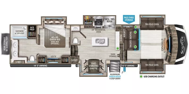 41' 2022 Grand Design Solitude 380FL w/5 Slides Floorplan