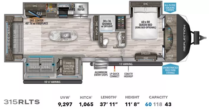 37' 2021 Grand Design Reflection 315RLTS w/3 Slides Floorplan