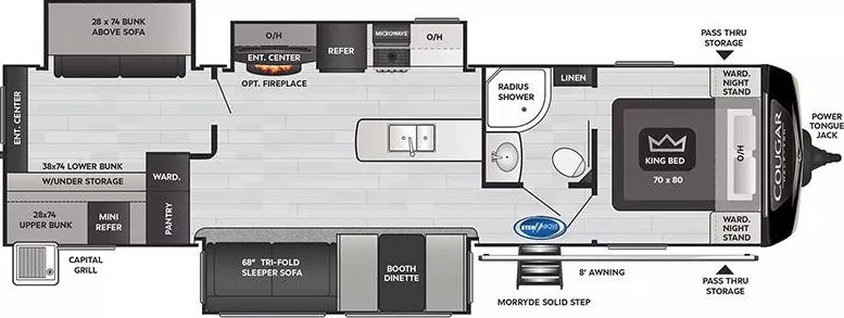 37' 2021 Keystone Cougar Half-Ton 34TSB w/3 Slides - Bunk House Floorplan