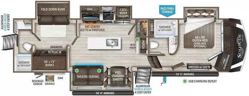 40' 2023 Grand Design Solitude 3950BHR w/4 Slides & Generator  - Bunk House Floorplan