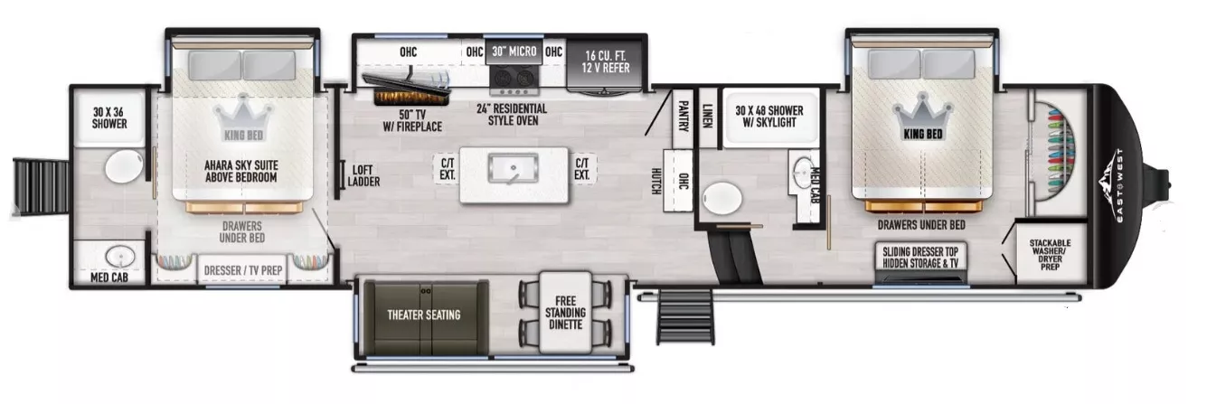 42' 2025 Forest River East To West Ahara 390DS w/4 Slides Floorplan