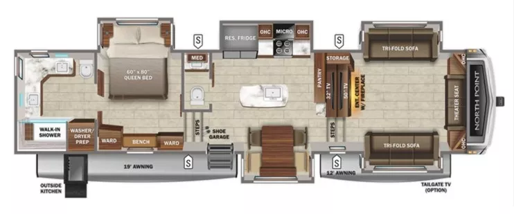 43' 2022 Jayco North Point 382FLRB w/5 Slides Floorplan
