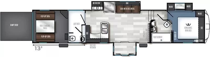 44' 2019 Forest River Vengeance Tour 395KB-13 w/3 Slides & Generator  - Toy Hauler Floorplan