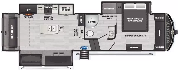 35' 2021 Keystone Montana High Country 295RL w/3 Slides Floorplan