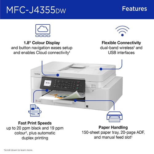 Brother INKvestment MFC-J4355DW Wireless Color Inkjet All-in-One Printer with 1.8” Color Display and Manual Feed Slot