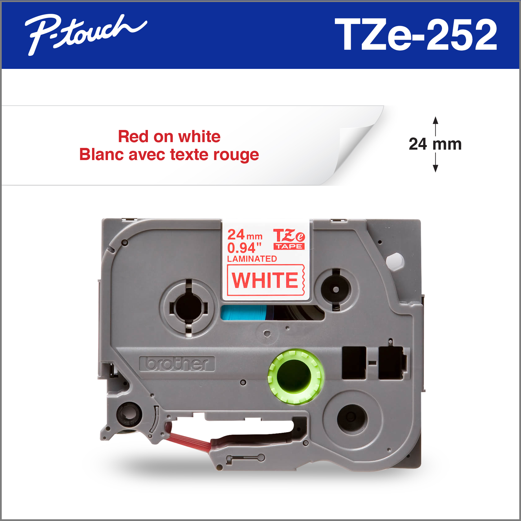 Brother Genuine TZe252 Red on White Laminated Tape for P-touch 