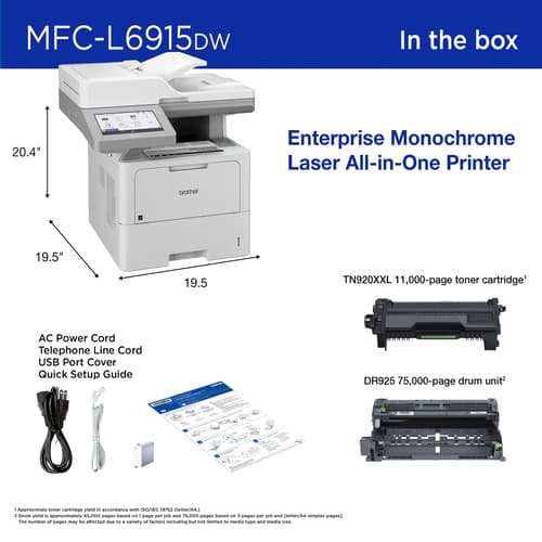 Brother MFC-L6915DW Enterprise Monochrome Laser All-in-One Printer with a Low Total Cost of Ownership, Advanced Security Features, and Large Paper Capacity