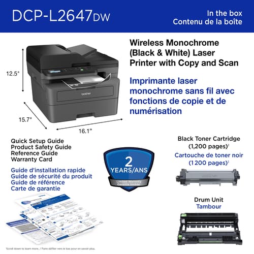 Brother DCP-L2647DW Wireless Compact Monochrome Multi-Function Laser Printer with Print, Copy and Scan, Duplex and Mobile Printing