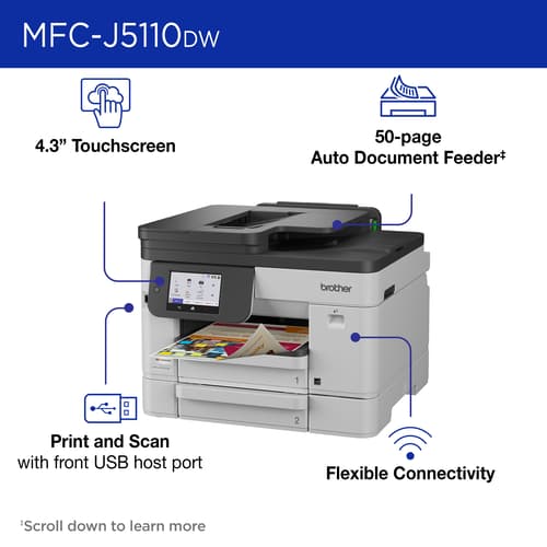 Brother INKvestment MFC-J5110DW Wireless Colour Inkjet All-in-One Printer with 500-sheet paper tray capacity and 4.3” Colour Touchscreen