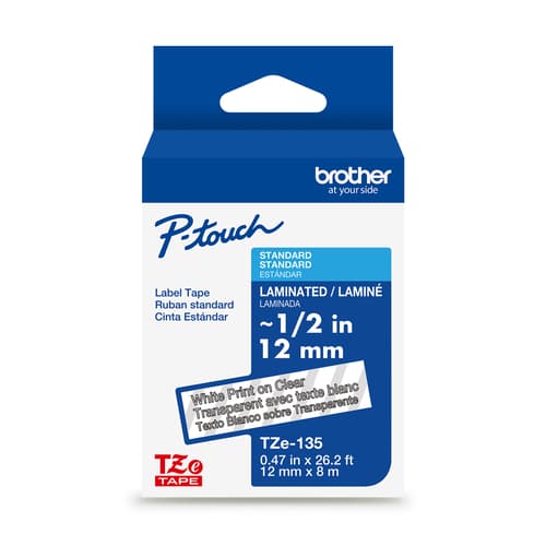 Brother Genuine TZe-135 White on Clear Laminated Tape for TZe-compatible P-touch Label Makers, 12 mm wide x 8 m long