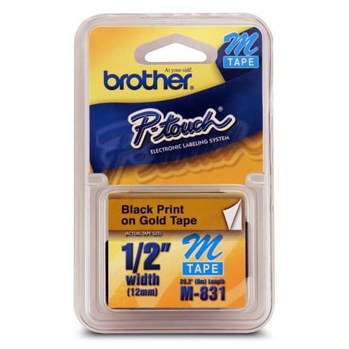 Brother Genuine M831 Black on Gold Non-Laminated Tape for P-touch Label Makers, 12 mm wide x 8 m long
