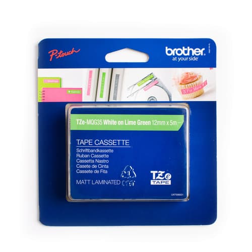 Brother Genuine TZEMQG35 White Print on Lime Green Tape for P-touch Label Makers, 12 mm wide x 5 m long