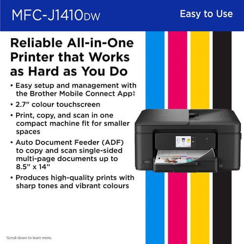 Brother Work Smart MFC-J1410DW Wireless Colour Inkjet All-in-One Printer with 2.7” Colour Touchscreen & Auto Duplex Printing